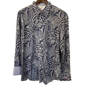 Robert Graham Flip Cuff Luxe Embroidery Paisley & Floral Navy & Silver Gray XXL